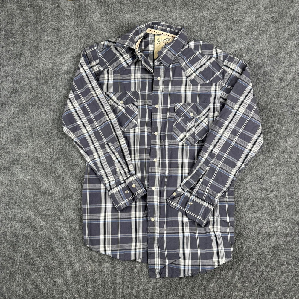 Coastal Shirt Mens Size L Grey Plaid Western Pearl Snap Long Sleeve Casual Shirt